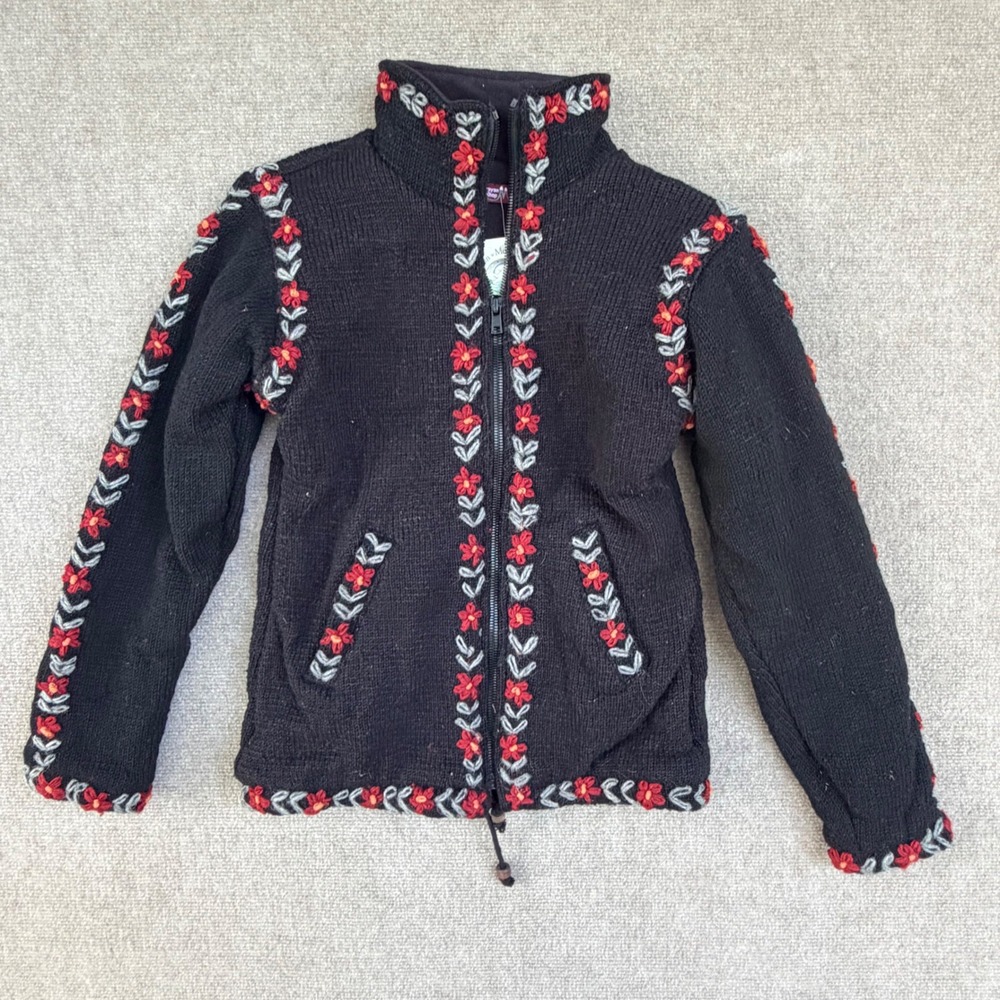 Himalayan Mountain Shop‎ Wool Fleece Lined Floral Embroidered Zip Jacket Small